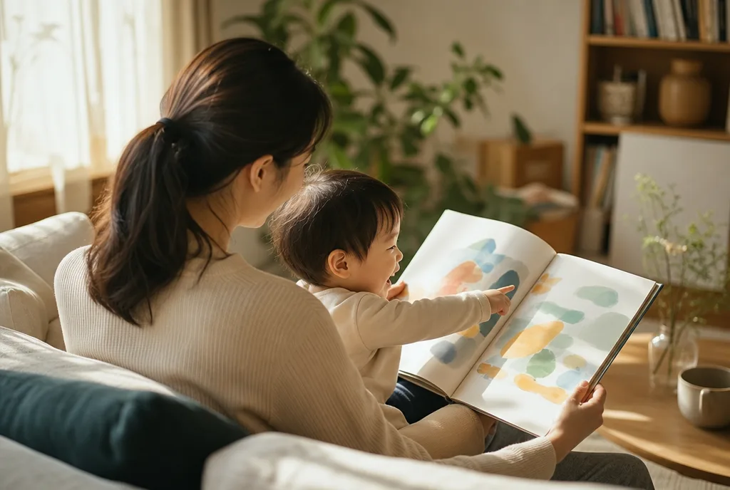 소파에 앉아 그림책을 함께 읽으며 웃는 부모와 아이